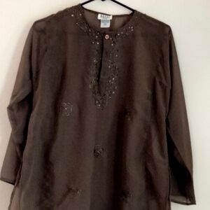 Royal USA Blouse Women Small Dark Gray Embroidered 3/4 Sleeve Top Elegant Church